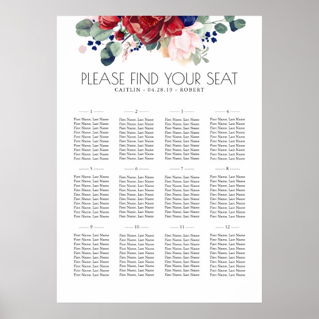 Poster Burgundy Navy Flowers Boho Mariage Seating Chart (Devant)