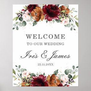Poster Burgundy Orange Ivory Floral Wedding Welcome Sign