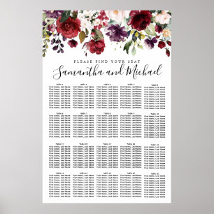 Poster Burgundy Red Floral 20-Table Wedding Seating Chart