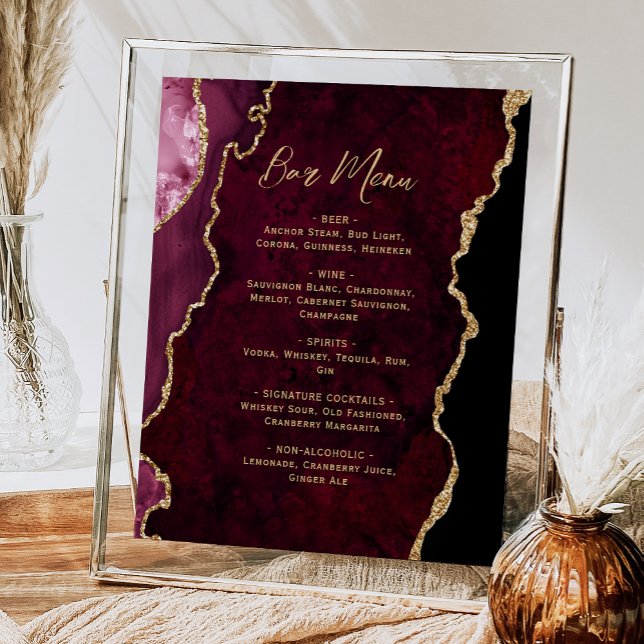 Poster Burgundy Red Gold Agate Script Wedding Bar Menu  (Créateur téléchargé)