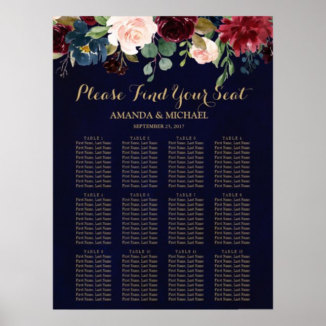 Poster Burgundy Red Navy Floral Rustic Boho Seigneurs Cha (Devant)