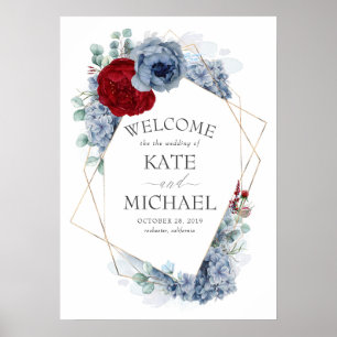 Poster Burgundy Rouge et Dusty Blue Floral Mariage Bienve