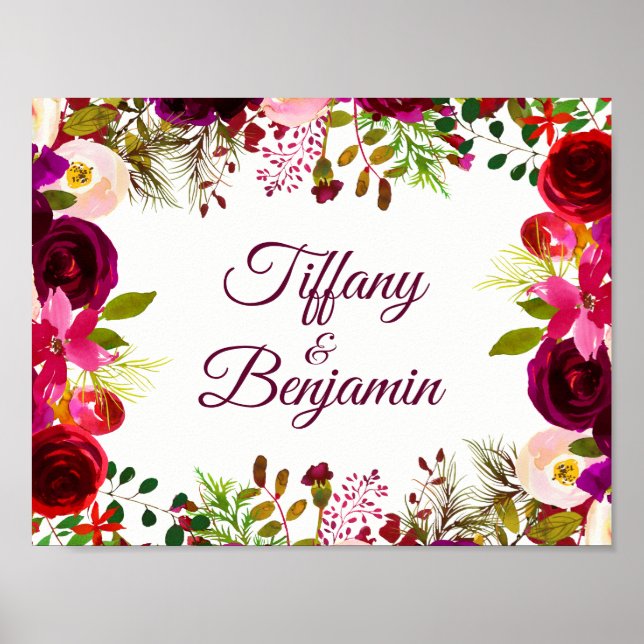 Poster Burgundy Rouge Floral Boho Mariage (Devant)