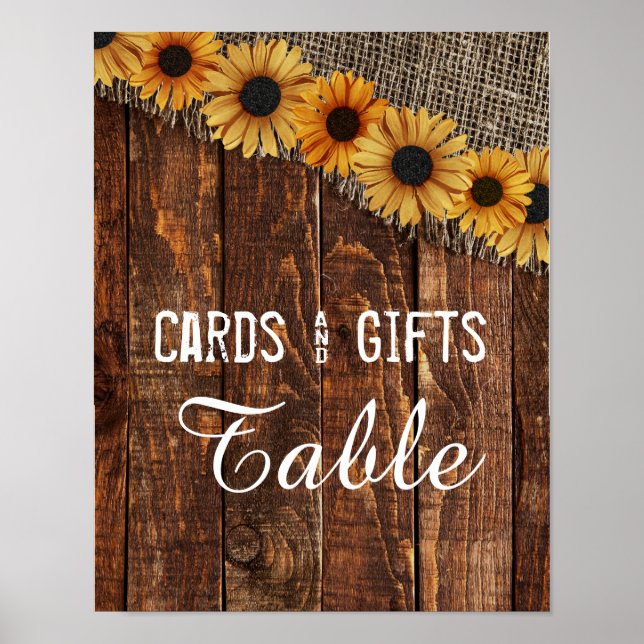 Poster Burlap en bois rustique Tournesol Cartes de mariag (Devant)
