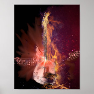 Poster Burning Guitare et notes musicales