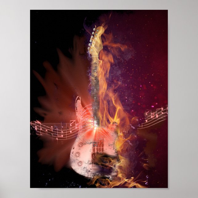 Poster Burning Guitare et notes musicales (Devant)
