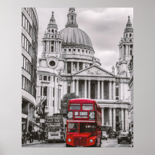 Poster Bus rouge à deux étages par la cathédrale St Paul