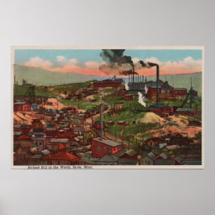 Poster Butte, MT - Vue des usines et des maisons sur Hill