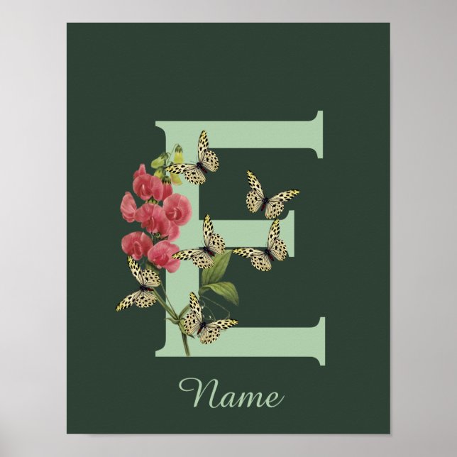 Poster Butterflies Flower Monogram Initial E Personalized (Devant)