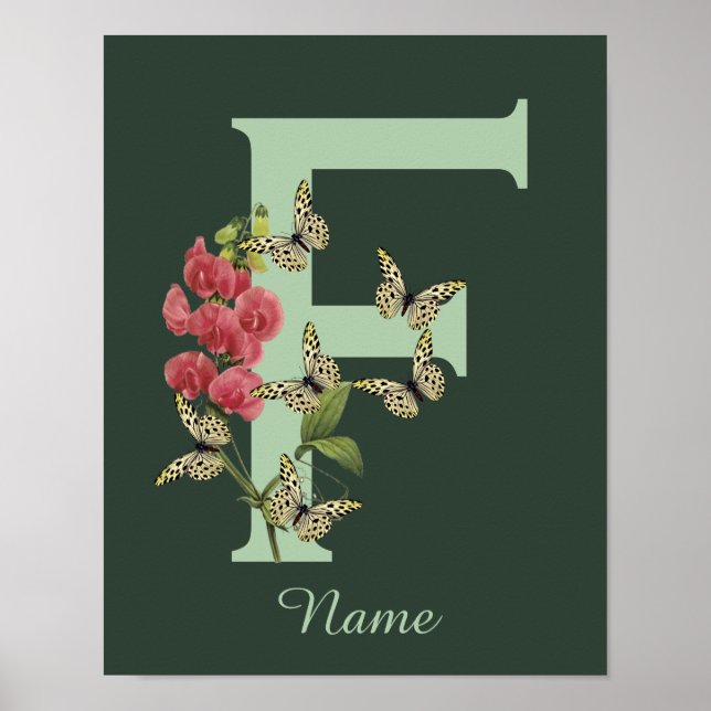 Poster Butterflies Flower Monogram Initial F Personalized (Devant)