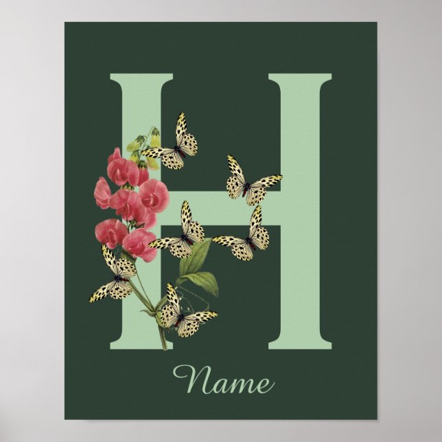 Poster Butterflies Flower Monogram Initial H Personalized (Devant)