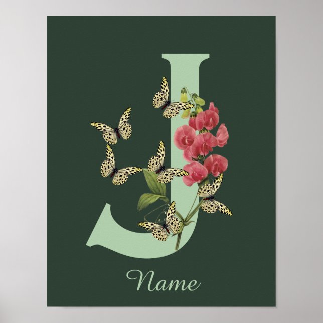 Poster Butterflies Flower Monogram Initial J Personalized (Devant)