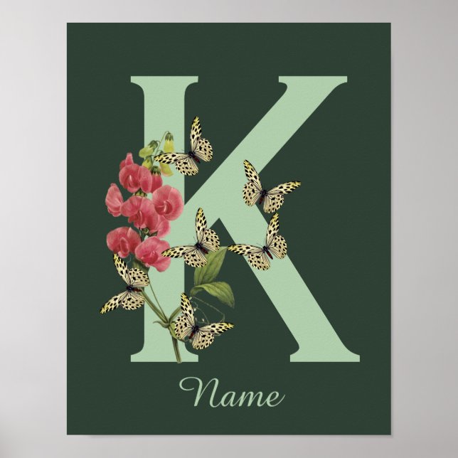 Poster Butterflies Flower Monogram Initial K Personalized (Devant)