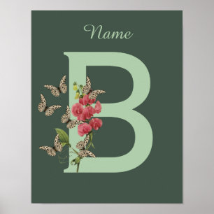 Poster Butterflies Sweet Pea Monogram Initial B Name 