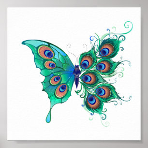 Poster Butterfly with Green Peacock Feathers