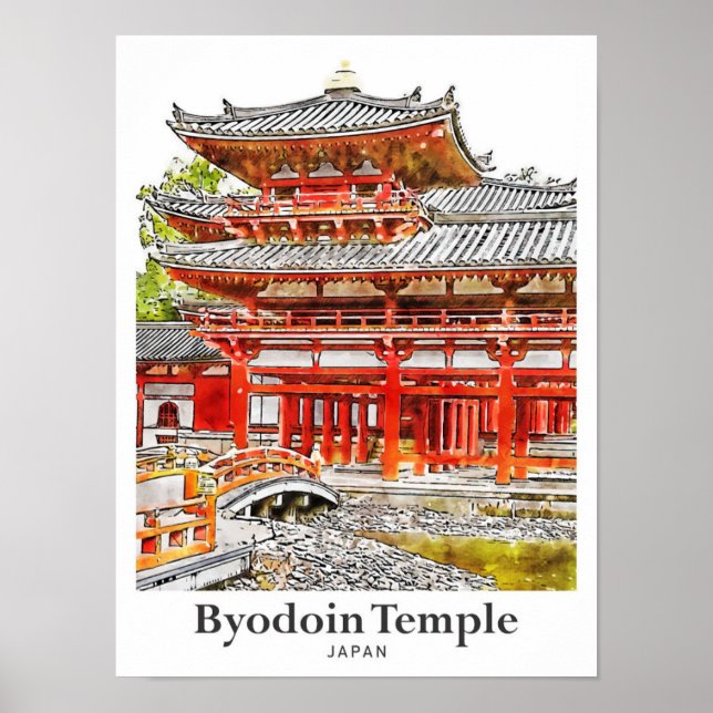 Poster Byodoin Temple Japon Voyage Aquarelle main tirée (Devant)