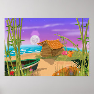 Poster "Cabane de plage sur une plage au clair de lune" "
