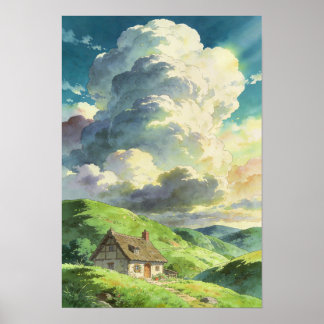 Poster Cabane Refuge Rustique Sous les Nuages d'Été