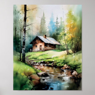 Poster Cabine Dans L'Aquarelle Boisée Springtime