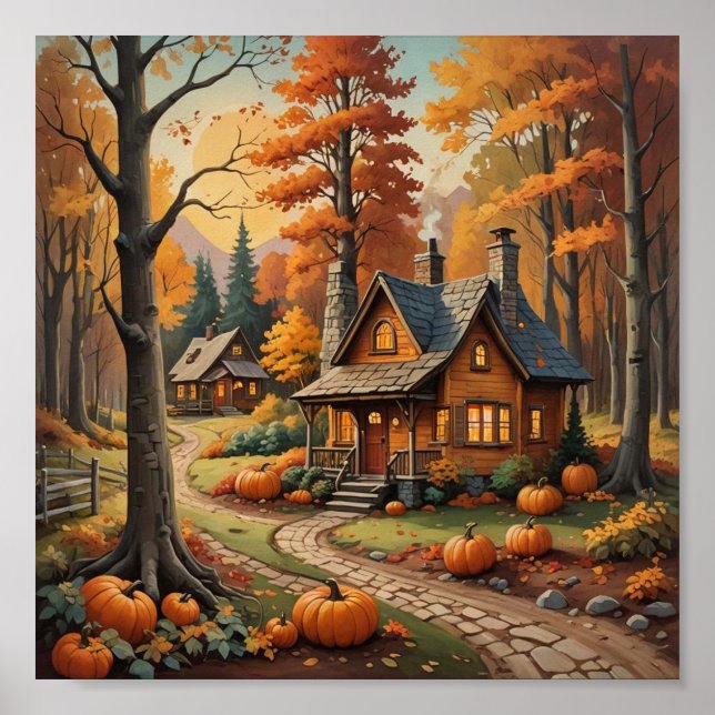 Poster Cabine d'automne Entouré de Citrouilles (Devant)