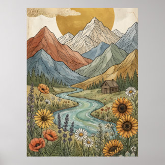 Poster Cabine de montagne céleste bohème rivière tourneso