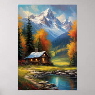 Poster Cabine en bois par les sommets enneigés