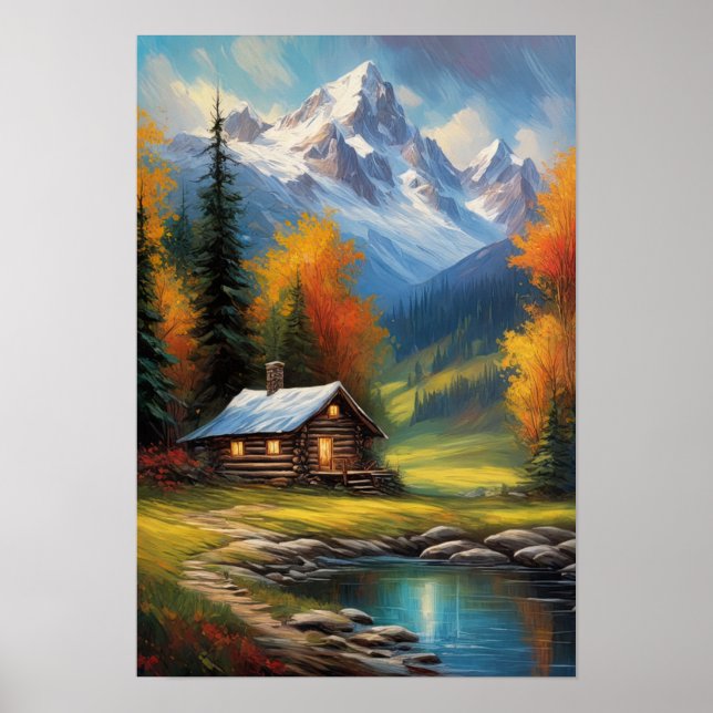 Poster Cabine en bois par les sommets enneigés (Devant)