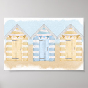 Poster Cabines de plage jaunes et bleues Aquarelle de l'o