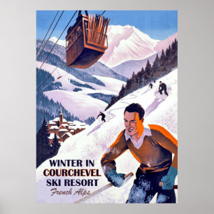Poster Cable car over Courcheval, man on ski, vintage