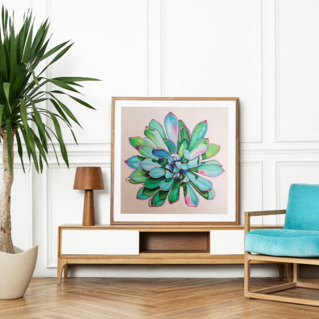 Poster Cactus Bleu et Rose | (Cactus oil painting)
