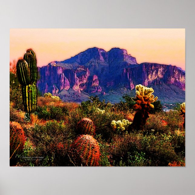 Poster Cactus Et Purple Mountain Arizona Désert 14x11 (Devant)
