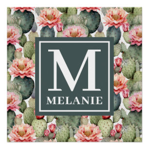 Poster Cactus Motif Fleurs roses Monogramme