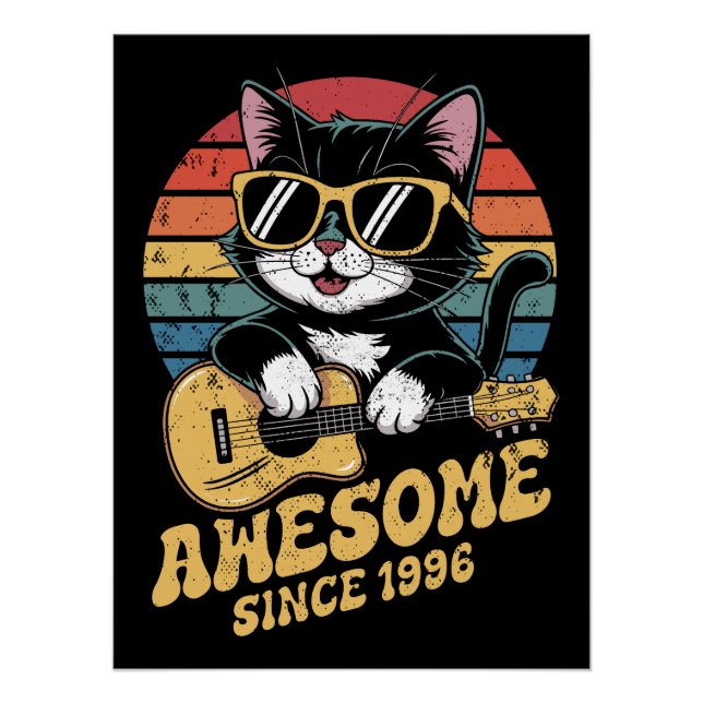 Poster Cadeau 30 ans Anniversaire Chat Rétro Ukulele 1996 (Devant)