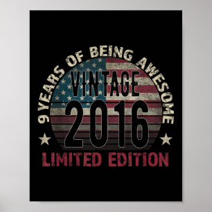 Poster Cadeau 9e anniversaire garçon vintage né en 2016 q