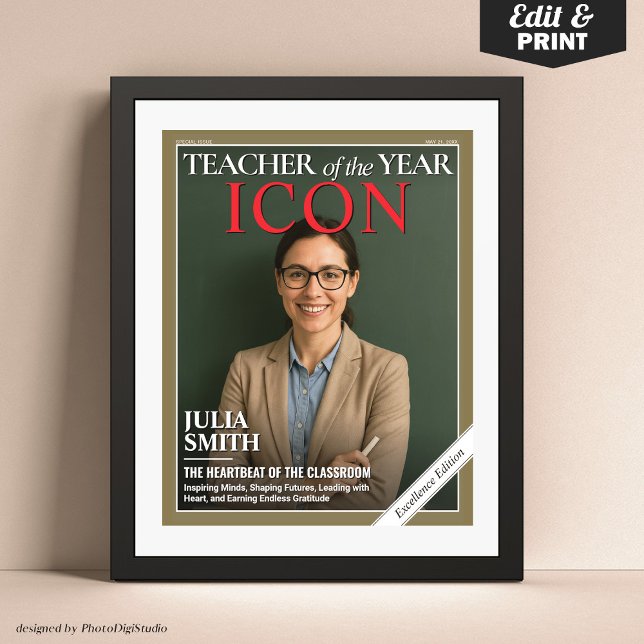 Poster Cadeau d'appréciation de l'enseignant, couverture  (Teacher Appreciation Gift, Best Teacher Ever Custom Magazine Cover Poster)