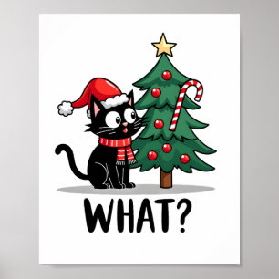 Poster Cadeau de chat noir drôle poussant l'arbre de Noël