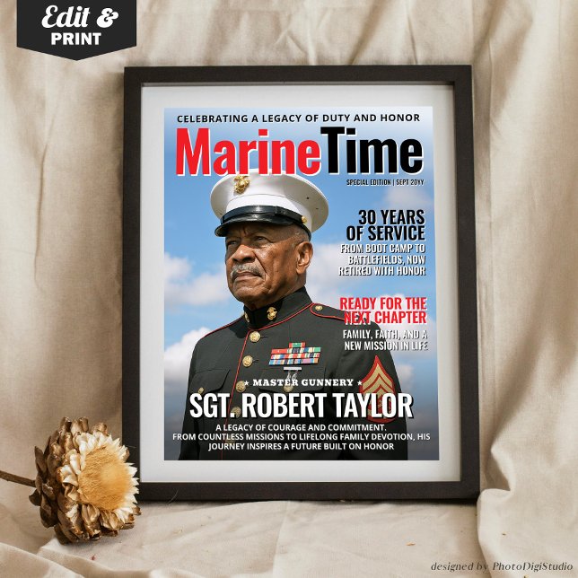Poster Cadeau de couverture de magazine personnalisé Papa (Personalized Marine Retirement Gift, Custom Magazine Cover for Retirement from Marine, Army Dad Gift)