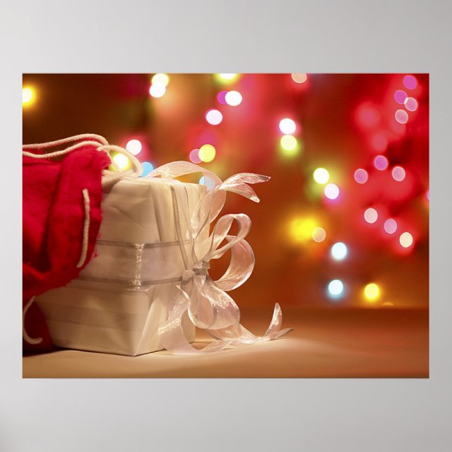 Poster Cadeau de Noël blanc enveloppé dans sac rouge (Devant)