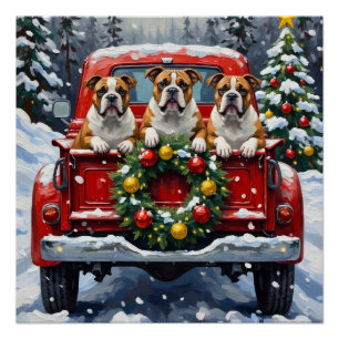 Poster Cadeau de Noël camionnette rouge Bulldog Fêtes