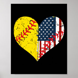 Poster Cadeau de softball coeur drapeau américain 4 juill