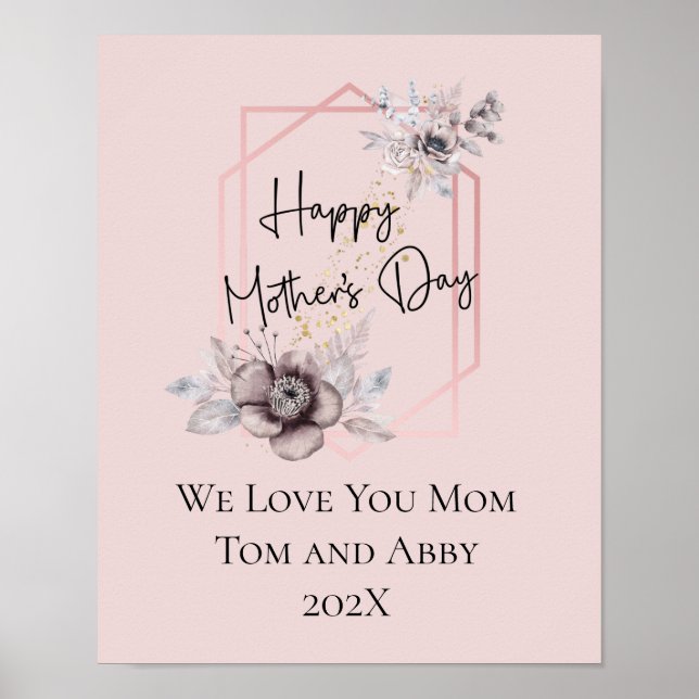 Poster Cadeau personnalisé rose gris floral Fête des mère (Devant)