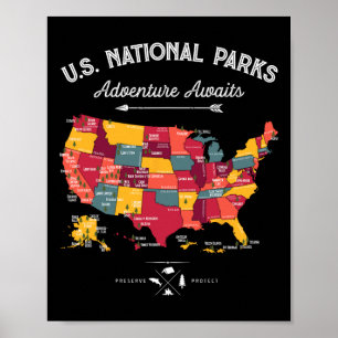 Poster Cadeaux de carte des 62 parcs nationaux Parc améri