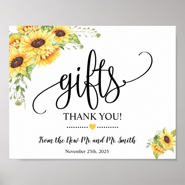 Poster Cadeaux signe douche mariage réception tournesols (Devant)