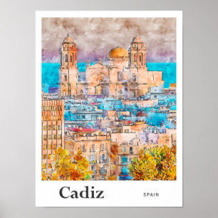 Poster Cadiz Espagne Voyage Aquarelle main tirée