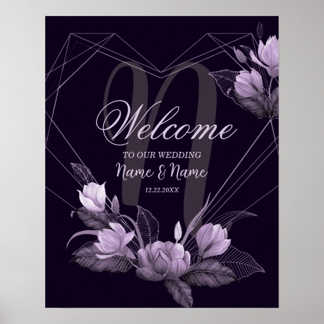 Poster Cadre de bienvenue pour mariage avec fleurs violet (Devant)