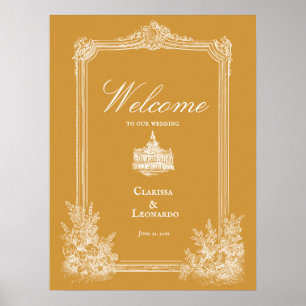 Poster Cadre de mariage orné vintage jaune moutarde Bienv