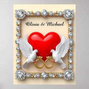 Poster Cadre de mariage romantique aux colombes et au cœu