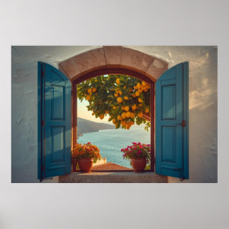 Poster Cadre de vue de fenêtre méditerranéenne Balcon au 