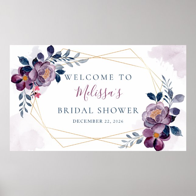 Poster Cadre doré à motif floral violet et bleu (Devant)
