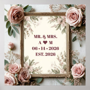 Poster Cadre doré floral romantique avec accents rose ten